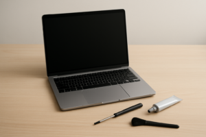 Przegrzewający się laptop na biurku z narzędziami do czyszczenia i pastą termiczną