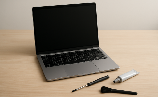 Przegrzewający się laptop na biurku z narzędziami do czyszczenia i pastą termiczną