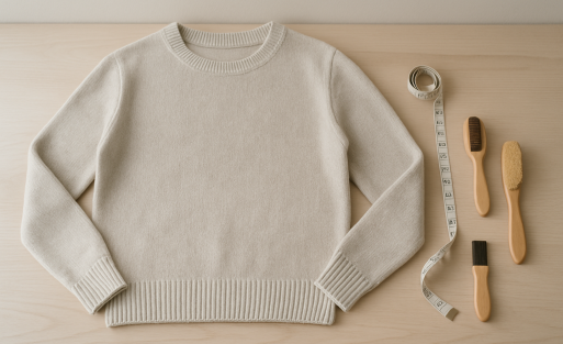 Rozciągnięty sweter z dzianiny na stole obok miarki krawieckiej